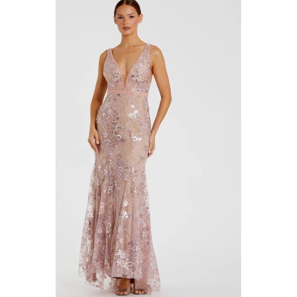 Mac Duggal 67481‎ Rose Pink Floral Embellished Sleeveless Plunge Gown Sz 0 NWT